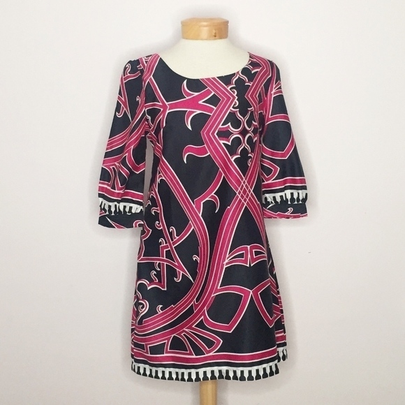PARAELLA | navy and pink print A-line dress - Picture 1 of 8